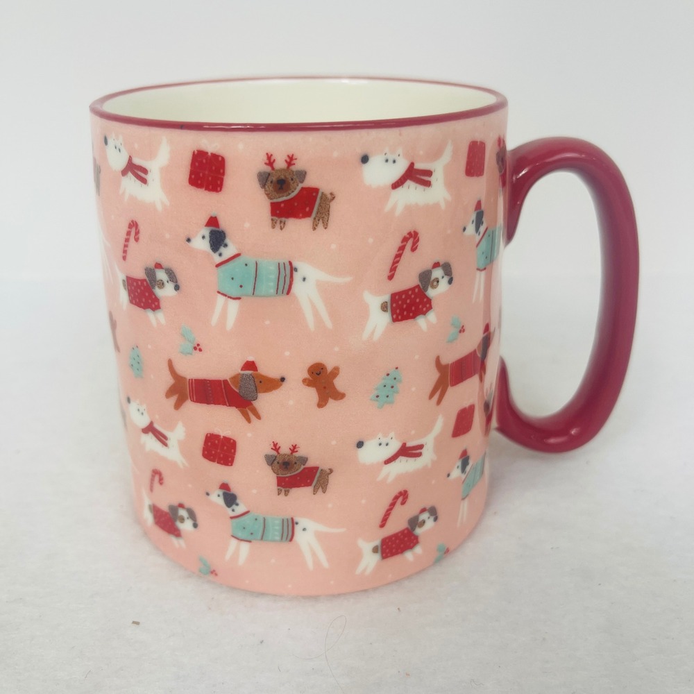 10 Strawberry Street Coffee Mug Pink Christmas Dogs Holiday Sweater Ceramic Exc